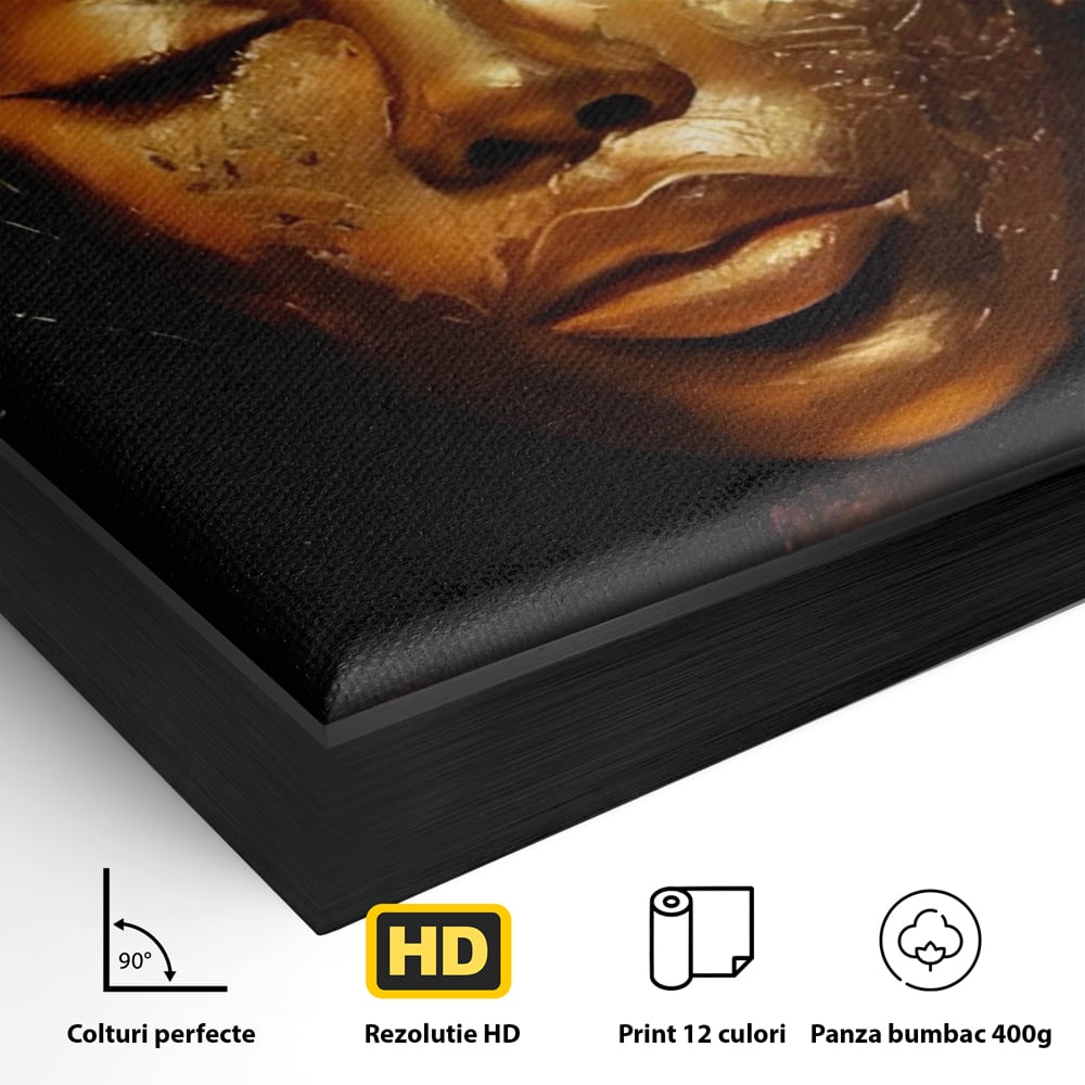Detaliu al suprafetei: tablou canvas cu femeie africana aurie, in rama de aluminiu negru